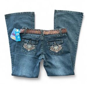 Angels Y2K Deadstock NWT Low Rise Flare Jeans w Embellished Pockets & Belt Sz 13